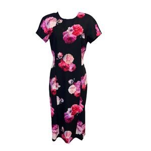 Ellen Tracy Dress size 10 Black Pink Purple Floral Midi Straight Stretch Wedding